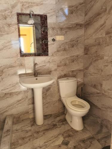 a bathroom with a toilet and a sink and a mirror at Гостевой дом у Эмзара in Batumi