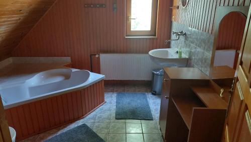 a bathroom with a large tub and a sink at Koliba Drabsko in Lom nad Rimavicou