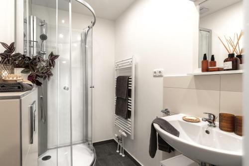 een witte badkamer met een douche en een wastafel bij Arkadia Apartments-Schwissel-Bad Segeberg in Schwissel