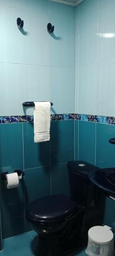 uma casa de banho azul com um WC e um lavatório em Dulce sueños baño compartido em Chía