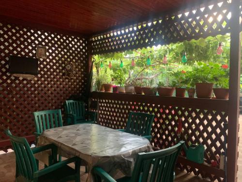 a dining room with a table and green chairs at Mari Holiday House in Mangalia