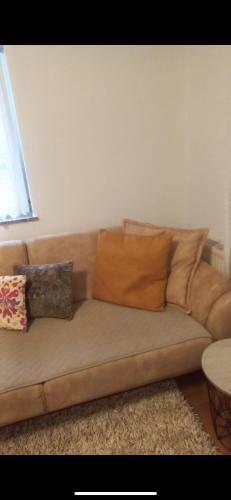 佩奇的住宿－Rugova，客厅配有带枕头的棕色沙发
