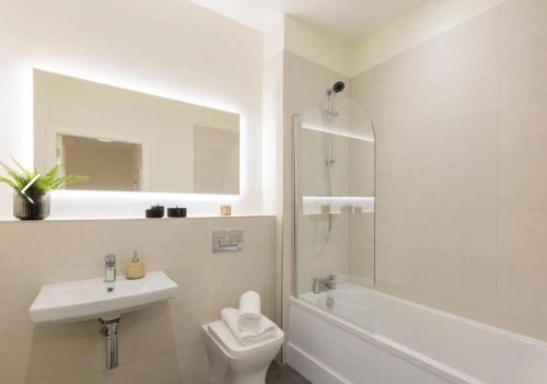 a bathroom with a sink and a toilet and a mirror at Deluxe Seaview Apartment in Dun Laoghaire