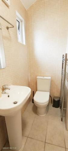 a bathroom with a white toilet and a sink at Pearl Garden in Wembley in London
