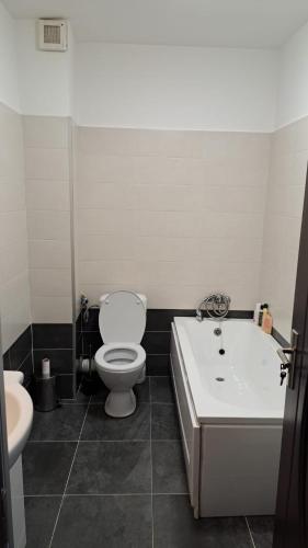 een badkamer met een toilet, een bad en een wastafel bij Cozy Nest in Sînnicoară