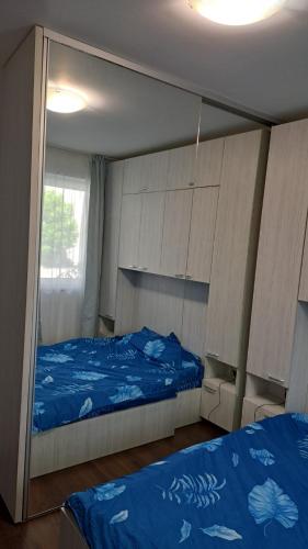 ein Schlafzimmer mit einem Etagenbett mit blauer Bettwäsche in der Unterkunft Cozy Nest in Sînnicoară