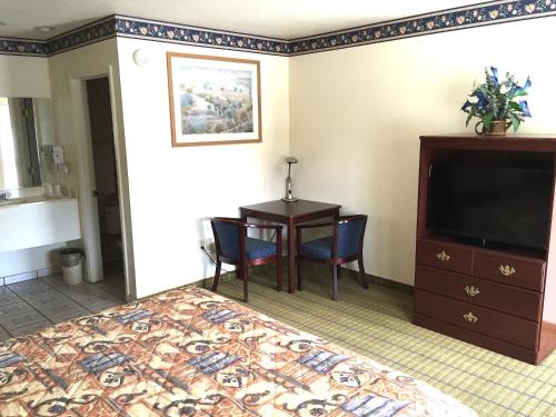 a hotel room with a bed and a table and a television at Budget Inn of Lodi in Lodi