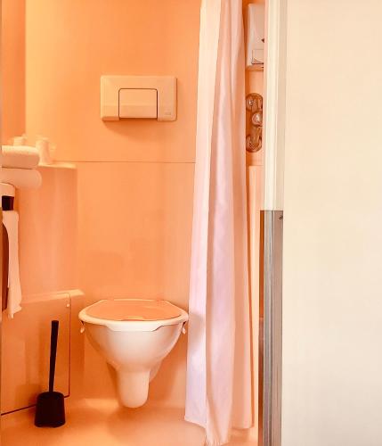 une salle de bain avec toilettes et rideau de douche dans l'établissement Première Classe Chateauroux - Saint Maur, à Saint-Maur