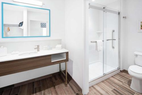 a bathroom with a shower and a sink and a toilet at Hampton Inn & Suites Bridgeview Chicago, Il in Bridgeview
