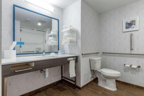 a bathroom with a toilet and a sink and a mirror at Hampton Inn Camden, SC in Camden