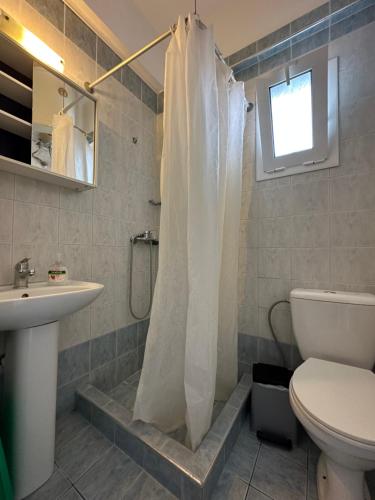 a bathroom with a shower with a toilet and a sink at Anemomylos apartment sea view in Pefkohori