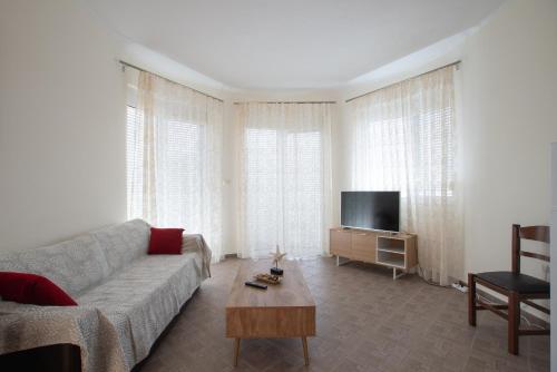 a living room with a couch and a tv at Pigeon House in Plataria