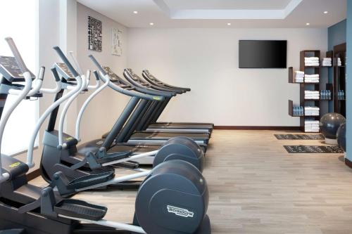 a gym with rows of cardio machines in a room at Hampton By Hilton Dubai Al Barsha in Dubai