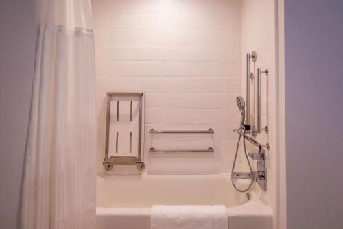 a bathroom with a bath tub with a shower curtain at Hilton Garden Inn Kansas City Airport Mo in Kansas City