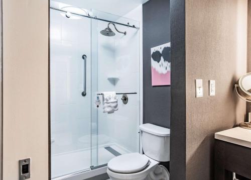 a bathroom with a shower with a toilet at The Burgundy Hotel, Tapestry Collection by Hilton in Little Rock