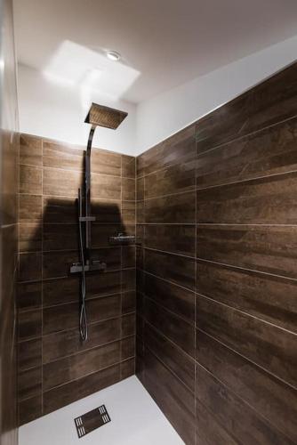 La salle de bains est pourvue d'une douche et de murs en bois. dans l'établissement Charmante maison de village au cœur de Saint-Rémy, à Saint-Rémy-de-Provence