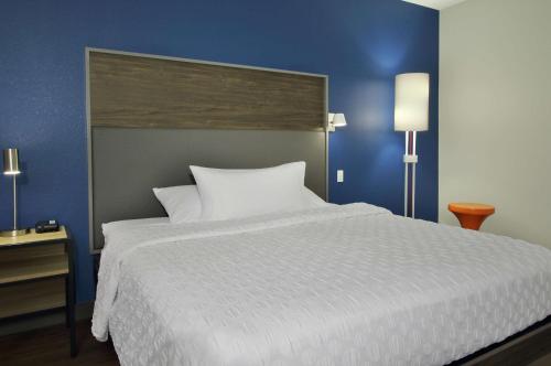a bedroom with a large white bed with a blue wall at Tru By Hilton Mobile in Mobile