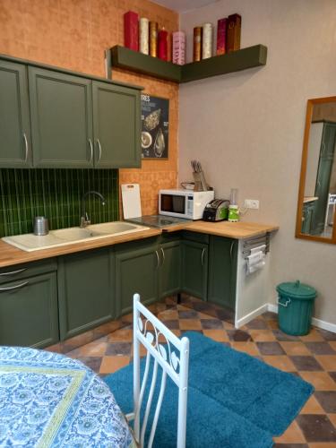 La cuisine est équipée de placards verts, d'un évier et d'un four micro-ondes. dans l'établissement Bohemian Studio bedroom, à Pontrieux