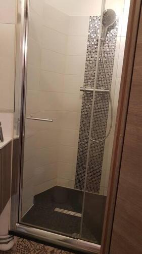 La salle de bains est pourvue d'une douche avec une porte en verre. dans l'établissement La chambre de Léonie, à Toulon
