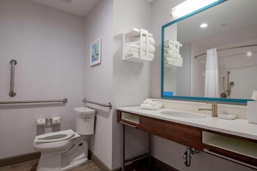 a bathroom with a toilet and a sink and a mirror at Hampton Inn & Suites Duncanville Dallas, Tx in Duncanville