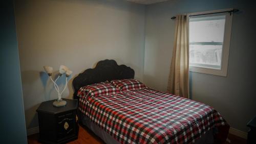 1 dormitorio con 1 cama con manta a cuadros y ventana en Big blue, en Witless Bay