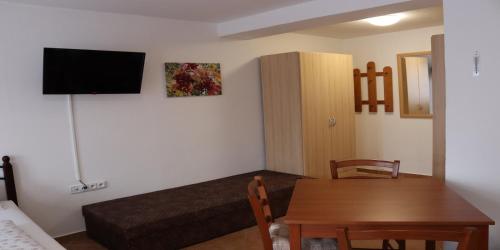 a small room with a table and a bed and a television at Penzion-apartmán Souček in Jindrichuv Hradec