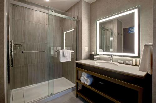 y baño con ducha, lavabo y espejo. en Embassy Suites By Hilton Rockford Riverfront en Rockford