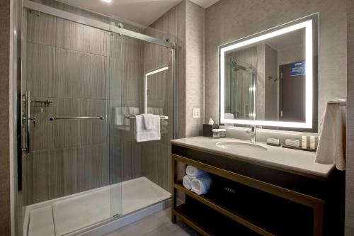 a bathroom with a shower and a sink and a mirror at Embassy Suites By Hilton Rockford Riverfront in Rockford