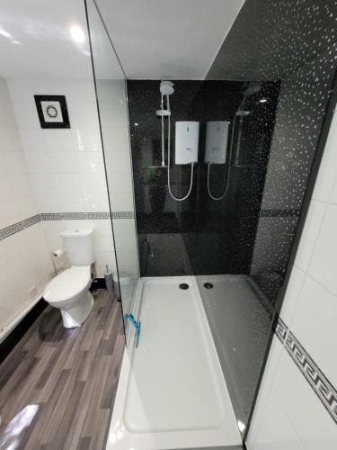 a bathroom with a shower and a toilet at Willow Inn in Kent