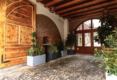 an entrance to a building with a wooden door and potted plants at ART Hotel in Sibiu