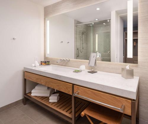 a bathroom with a sink and a large mirror at Canopy West Palm Beach - Downtown in West Palm Beach