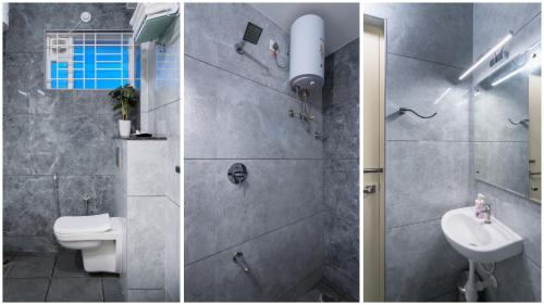 班加羅爾的住宿－The Silver Chimes Suites，浴室的两张照片,配有卫生间和水槽