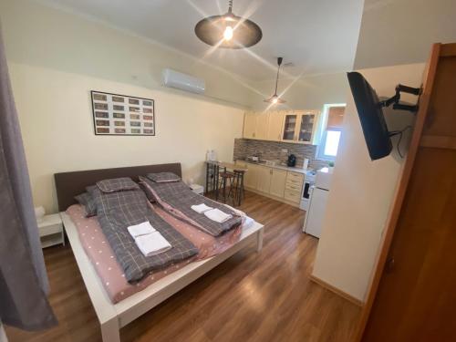 1 dormitorio pequeño con 1 cama y cocina en Kincstár Apartmanok en Sátoraljaújhely