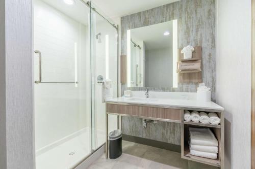 a bathroom with a sink and a shower at Hilton Garden Inn Wichita Downtown, Ks in Wichita