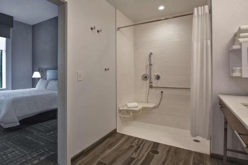 a bathroom with a shower and a bed and a tub at Hampton Inn & Suites Tampa Riverview in Tampa