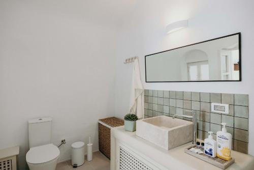 a bathroom with a sink and a toilet and a mirror at Villa Patitiri cave house with private pool in Megalochori Santorini in Megalokhori