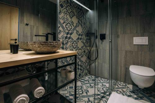 a bathroom with a toilet and a sink and a shower at Postcard Country Apartments in Spodnji Duplek