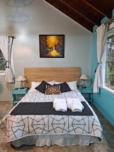 1 dormitorio con 1 cama grande y 2 mesitas de noche en Cabaña Liebe Inge en San Carlos de Bariloche