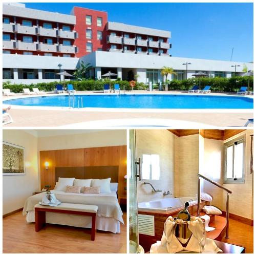 two pictures of a hotel room with a bed and a pool at Hotel Montera Plaza in Los Barrios