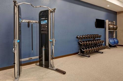a gym with two rows of dumbbells and a wall at Homewood Suites By Hilton Summerville in Summerville