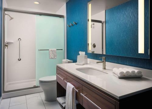 e bagno con lavandino, servizi igienici e doccia. di Home2 Suites By Hilton Jackson/Pearl, Ms a Pearl