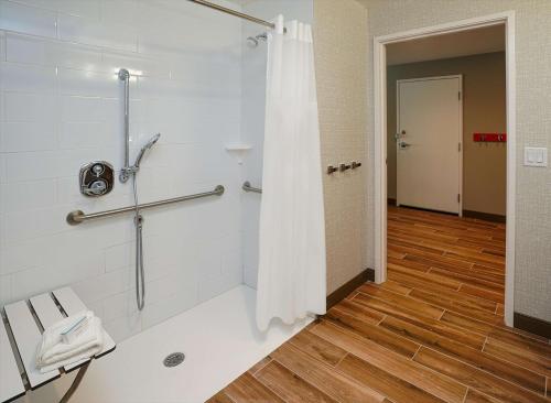 a bathroom with a shower with a shower curtain at Hampton Inn Colorado Springs I-25 Central in Colorado Springs
