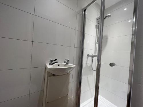 a bathroom with a sink and a shower at Economic Studio in the heart of Chiswick - London in London