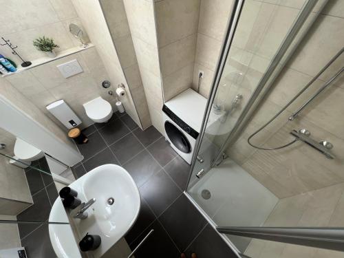 uma casa de banho com um chuveiro, um lavatório e um WC. em Premium FeWo - Blick auf Felsenkirche & Schloss - Traveller AWARD 2024 em Idar-Oberstein