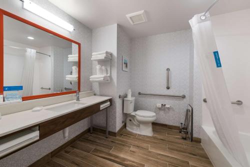 a bathroom with a toilet and a sink and a mirror at Hampton Inn Niles, Mi in Niles