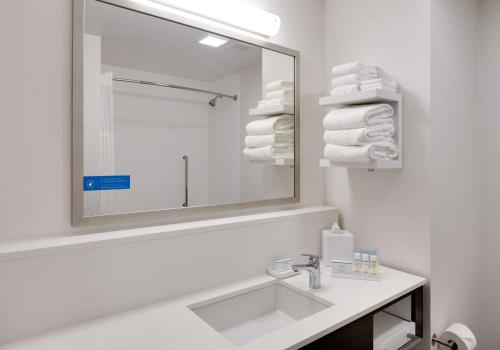 a bathroom with a sink and a mirror and towels at Hampton Inn by Hilton Irvine Spectrum Lake Forest in Lake Forest