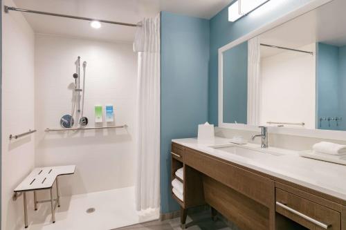 a bathroom with a sink and a tub and a mirror at Home2 Suites By Hilton Norfolk Airport in Norfolk