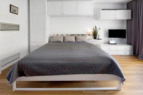 a bedroom with a large bed and a tv at Boutique Apartment Anybody in Gaienhofen