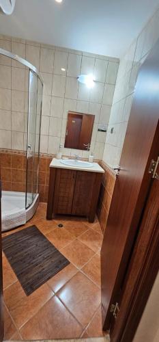 a bathroom with a sink and a shower and a mirror at Jxn KR Studio in Topola