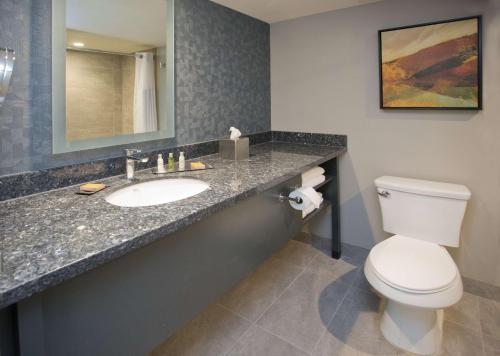 a bathroom with a toilet and a sink with a mirror at Doubletree By Hilton Chico, Ca in Chico